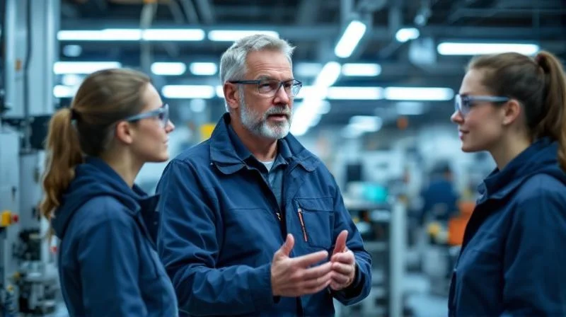 Ausbilder in einem Esslinger Automatisierungs-Unternehmen unterweist Auszubildende an einer Pneumatik-Anlage