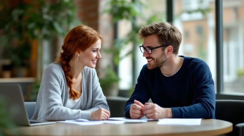 Zwei Kollegen besprechen Karrieremoeglichkeiten in Esslingen am Neckar