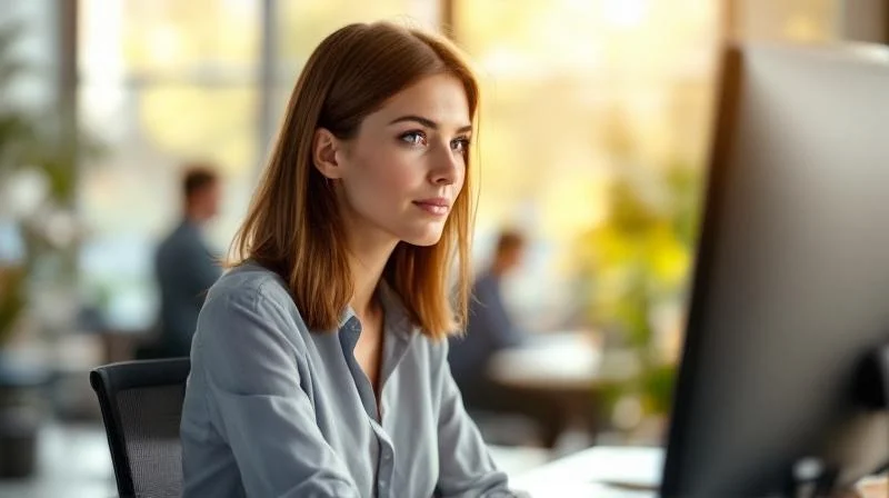 Frau arbeitet konzentriert an einem Laptop in einem modernen Esslingen Buero