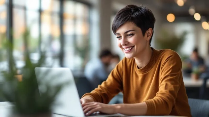 Frau mit Laptop in einem hellen modernen Arbeitsbereich in Esslingen am Neckar
