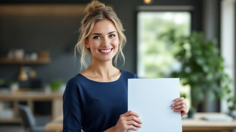 Frau feiert ihren IHK-Abschluss mit Zertifikat in der Hand