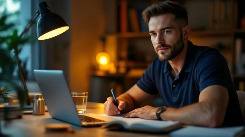 Mann lernt am Schreibtisch fuer den Wirtschaftsfachwirt in Esslingen